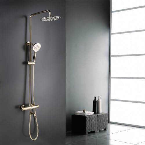 BEITH Duschsystem mit Thermostat, 3 Funktionen Wandmontage Regendusche mit Armatur, 10inch/25cm Runden Duschkopf aus Edelstahl 304, 90° Drehung Badewannenarmatur, Messingventil, Höhenverstellbar