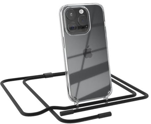 EAZY CASE - Handykette kompatibel mit iPhone 15 Pro - dünne Handyhülle für iPhone 15 Pro Hülle mit Band als Fallschutz Kette zum Umhängen transparente Hülle Silikon in Schwarz