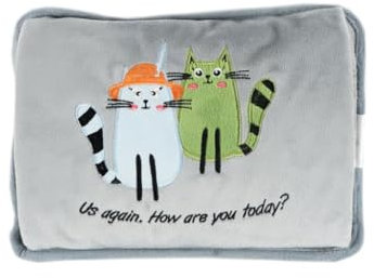 Biggdesign Elektrische Wärmflasche mit Weichem Plüschbezug, Wiederaufladbar & Wasserdicht – Ideal zur Schmerzlinderung bei Menstruations-, Muskel- & Gelenkschmerzen (Grau (Greeting Cat))