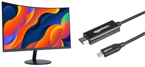 KOORUI 24-Inch Curved Computer Monitor- Full HD 1080P 60Hz Gaming Monitor 1800R LED Monitor HDMI VGA & Amazon Basics USB-C to HDMI adapter cable 4K, 30Hz - 1.83 metres, Black