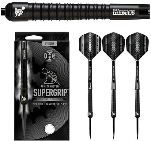 Harrows SUPERGRIP Black Edition Dartset mit 90% Wolframstahlspitze. Erhältlich in 21 g, 22 g, 23 g, 24 g, 25 g, 26 g, 28 g und 30 g – inklusive Supergrip-Schäften und Supergrip-Flights (25 Grams)