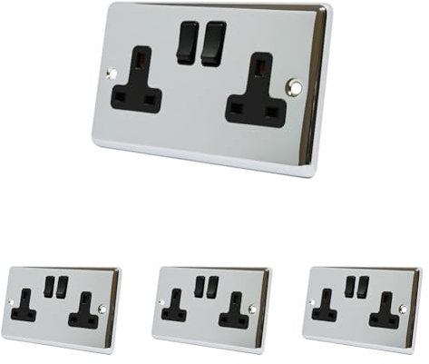 AET CPC2GSOCBL Polished Chrome Classical 2 Gang Black Insert Plastic Rocker Switches-13 Amp Double Plug Socket (Pack of 4)