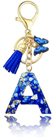 Baofuwan Schlüsselanhänger mädchen Frauen Buchstabe Schlüsselanhänger key chain mit Anfangsbuchstaben Schmetterling Quaste Rosa Blau Golden für Geldbeutel Handtaschen Schultasche