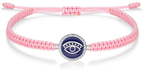 J.Endéar Böser Blick Armband Silber 925 für Damen Mädchen Schutz Amulett, Schnur Geflochtenes Armband Handgemachte Marineblau Charme Nazar Glück Schmuck Geschenk, Rosa