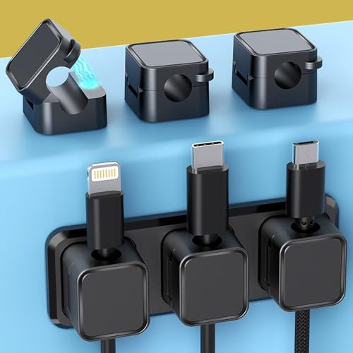 6 Pack Magnetic Cable Management, Charging Cable Magnetic Cable Organizer Storage Holder, Phone Charger Holder Clips, For Nightstand Kitchen Car Office (Black*6 with two bases)