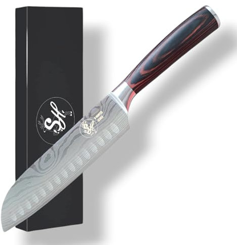 S-HubOla S-Hunter Serie Santokumesser 17 cm | Edelstahl Küchenmesser | Profi & Hobbykoch Allzweckmesser | Ergonomischer Holzgriff & Fingerschutz | Scharfes Messer für Fleisch, Gemüse, Fisch