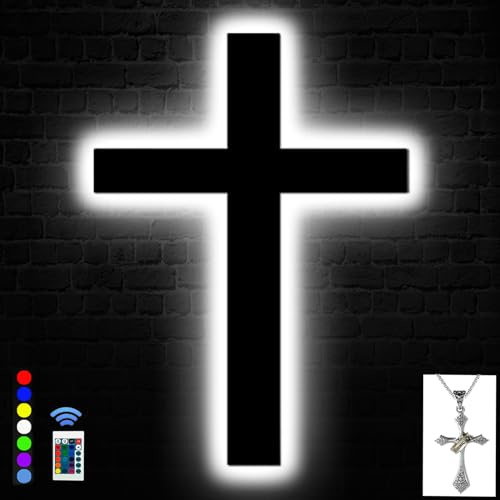OUYENL Kreuz-Wanddekoration, leuchtendes Kreuz, Neonschild mit Kreuz, Halskette, Jesus, christliches, katholisches Geschenk, Kruzifix, LED-Schild, Dekoration, 16 Farben, wechselnde Fernbedienung,
