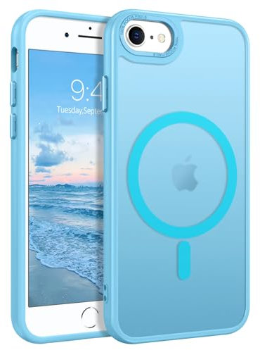 DUEDUE Cover Magnetica per iPhone 7/8/SE 2020/2022[Compatibile con MagSafe], Custodia Opaca per iPhone 6/6S/8/7/SE Case con Pulsante metallico Ultra-Sottile TPU Silicone Anti-Scivolo, Azzurro
