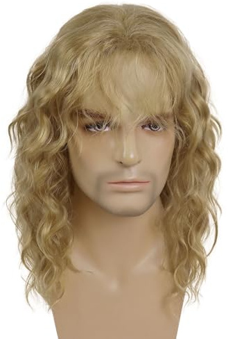 GNIMEGIL Water Wave Blonde Wig Man Punk Rocker Funny Wigs | 70s 80s Halloween Cosplay Adjustable Man Hair Men Wig Synthetic Fiber,Male Wigs,20inch Long Costume Natural Curly With Bangs