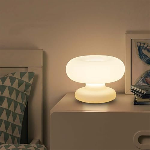 EOEO Pilz Tischlampe LED Dimmbar Tischleuchte mit Kabel und Schalter Pilz Lampe Weiß Glas Lampenschirm Kleine Lampe Moderne Design Nachttischlampe Schlafzimmer Deko Lampen Wohnzimmer WarmWeiß