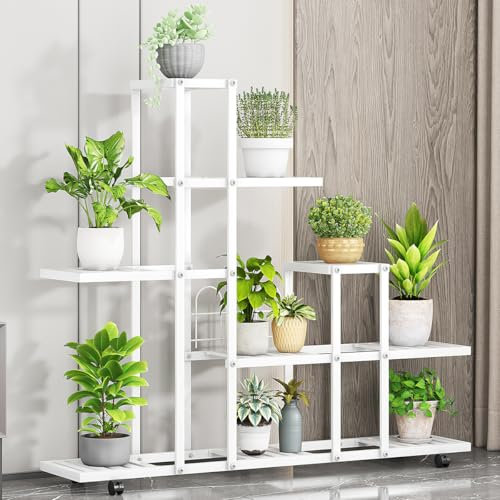Zstar Pflanzenständer, Blumenständer für drinnen und draußen, mehrstöckiges Blumenregal mit für Rollen Zimmerecke, Wohnzimmer, Balkon, Terrasse, Hof, H9036 White yarn pattern