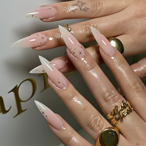 Long False Nails French Tip,24PCS Nude Rose Gradient False Nails,Acrylic Full Cover Fake Nails with Jelly Glue for Women Girls (French White Pink, One Size)