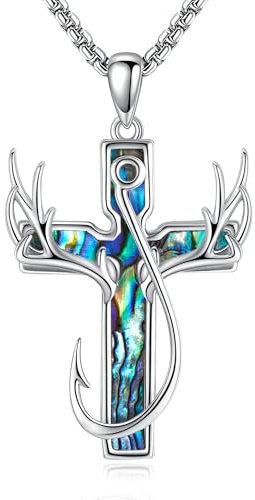YAFEINI Cross Fish Hook Necklace 925 Sterling Silver Abalone Shell Pendant Deer Antler Cross Jewellery for Women Men