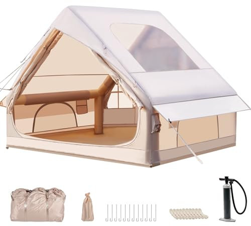 Aufblasbares Campingzelt mit Kaminöffnung & Dachfenster, Outdoor Zelt für 2-10 Personen mit Luftpumpe, Aufblasbares Zelt aus Wasserdichtem Oxford-Stoff für 4 Jahreszeiten, Schneller Aufbau Campingzelt