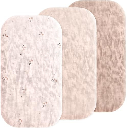 Susurration 3er Set Musselin-Baumwolle Spannbettlaken 84x43cm, Universelle Kinderwagen Spannbettlaken Stubenwagen Matratzenschoner für Jungen und Mädchen (Subtle Pink)