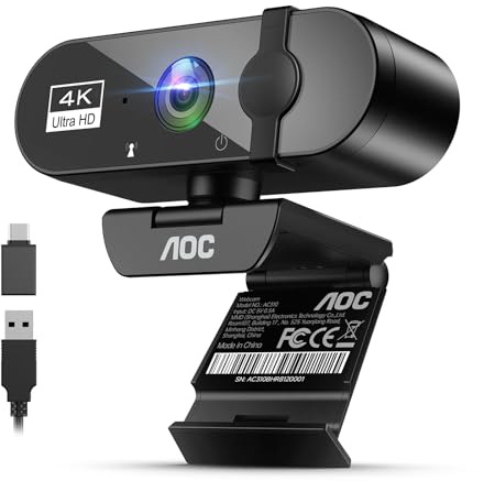 AOC Webcam 4K Ultra HD, 4K Webcam mit Mikrofon & Objektivabdeckung | PC Kamera Plug & Play, 99° Ansicht, Autofokus, Web Cam kompatibel mit Zoom/Teams/Skype, für Streaming, FaceTime, Meetings
