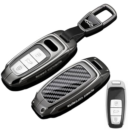 Rondrive Metall-Schlüsselhülle für Audi A1, A3, A4, A5, A6, A7, A8, Q2, Q3, Q5, Q7, Q8, S3, S4, S5, S6, S7, S8, SQ5, SQ7, R8, Schlüsselanhänger, Zubehör, Kohlefaser-Muster, Schwarz D1
