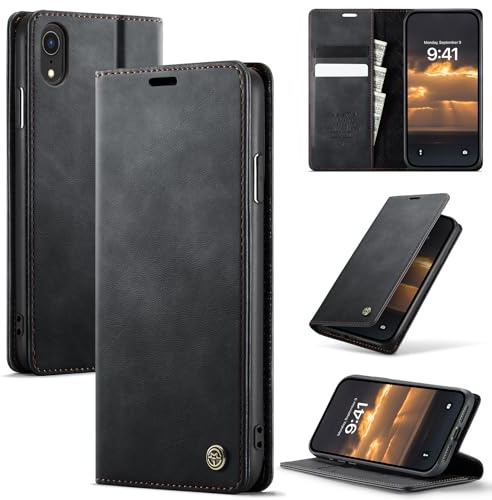 Cracedily Wallet Case for iPhone XR Leather Wallet Flip Cover with Card Holder, Kickstand, Magnetic Closure, RFID Blocking TPU Shockproof Phone Case Compatible with iPhone XR, Black