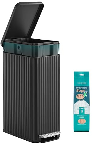 SONGMICS Kitchen Bin with Pedal, 13 Gallon (50 L) Slim Waste Bin with Soft-Close Lid, Removable Inner Bucket, Steel, 15 Rubbish Bags Included, Space-Saving, Ink Black LTB350BZ02