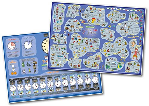 mindmemo Lernposter 2er Set - FIRST STEPS & TIME Englisch für Anfänger + Englische Uhrzeit lernen - Grundschul Poster Wortschatz für Kinder - 2x ... ... DIN A2 42x59 cm PremiumEdition in Schutzröhre