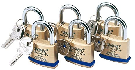 Draper 67659 40 mm Keyed Alike Solid Brass Padlock with Hardened Steel Shackle (6-Pack)