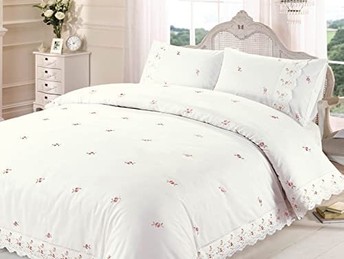 Rapport Home Duvet Quilt Cover Floral Lace Trim Embroidered Bed Set, Polyester-Cotton, Cream, 3 pieces, Double