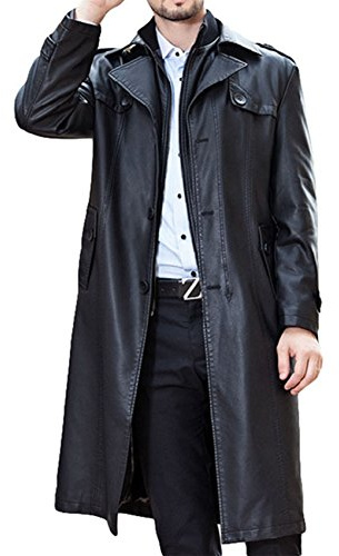 PLAER Men's business double collar Long Trench Coat plus velvet warm Winter Long leather jacket (UK M (tag XL))