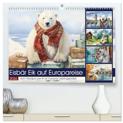 Eisbär Eik auf Europareise (hochwertiger Premium Wandkalender 2026 DIN A2 quer), Kunstdruck in Hochglanz: Vom Nordpol per KI an Europas Lieblingsplätze (CALVENDO Spass)