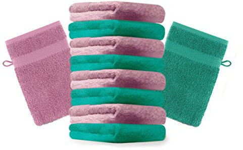 Betz 10 Stück Waschhandschuhe Premium 100% Baumwolle Waschlappen Set 16x21 cm Farbe smaragdgrün und Altrosa