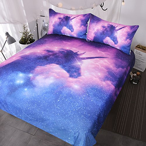 BlessLiving Galaxy Unicorn Bedding for Kids Girls: Psychedelic Space Duvet Cover 3 Piece Pink Purple Sparkly Unicorn Bedspread (Single)