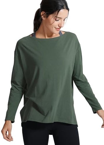 CRZ YOGA Damen Pima Baumwolle Sport Langarmshirt Fitness Yoga Langarm Leichte Shirt Longsleeve Lässig Oberteile Olivgrün 40