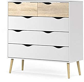 Dmora - Kommode Clothilde, Mehrzweckkommode, Schlafzimmerkommode, Schrank mit Schubladen, 98x39 h100 cm, Wei? und Eiche