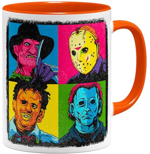 OM3® coole Kaffee-Tasse mit Pop-Art-Horror - Halloween Nightmare Serial Killers | Keramik Becher | 325ml | Beidseitig Bedruckt | Orange