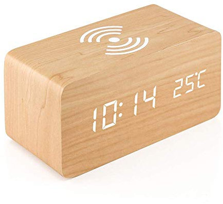 ACAMPTAR Réveil en Bois avec Coussin De Charge sans Fil Qi Compatible avec pour Iphone Samsung Horloge Numérique LED en Bois Fonction De Contrôle du Son,Date Temps pour Le Bureau - Bois