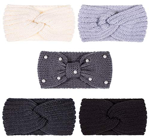 Whaline 5 Pieces Winter Knit Headbands Chunky Knit Headbands,4 Elastic Turban Head Wraps and 1 Pearl Crochet Hair Band, Ear Warmer Crochet Head Wraps for Women Girls (Blue Grey Colors)