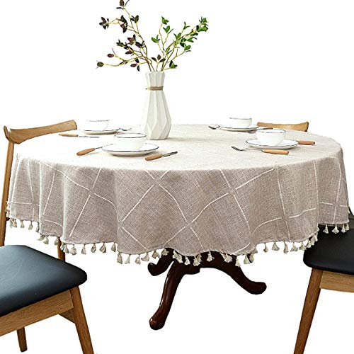 schwere Baumwolle Leinen Tischdecke, rundes, Kariertes Quaste Tischtuch für Küche Esszimmer Tischdekorationen, Durchmesser - 180cm, Beige