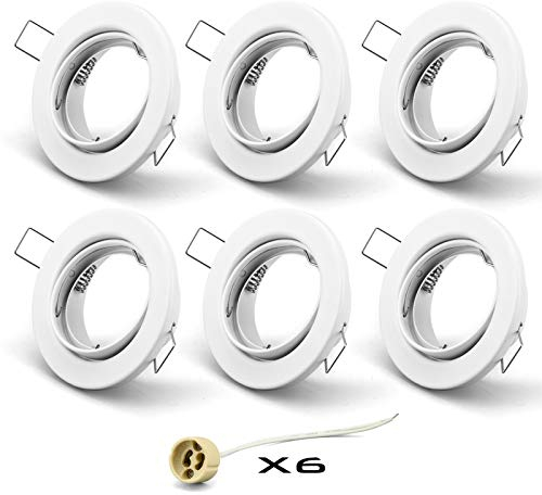 6x GU10 Einbaurahmen 68mm lochdurchmesser inkl. GU10 Fassung,LED Einbaustrahler für LED/Halogen Leuchtmittel,Rund Matt weiß Schwenkbar Deckenspot,IP23,Ø85 mm