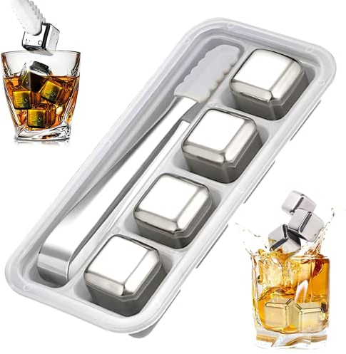 Edelstahl Eiswürfel 4 Stück Edelstahl Kühlsteine Whisky Steine aus Metall Geschwindigkeit ice Stones Eingefroren Steine für Whisky Wodka Likör Wein Cocktail Gin Rum Getränkesaft oder Limonade