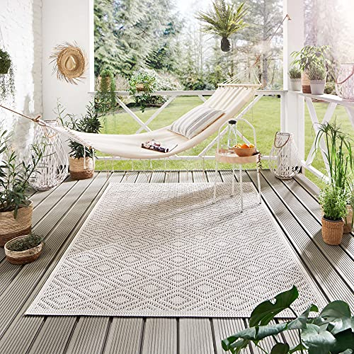 Steffensmeier Indoor Outdoor Teppich Norrland Garten Flur Balkon, wasserfest, strapazierfähig und pflegeleicht, Raute Beige Sand, Größe: 80x150 cm