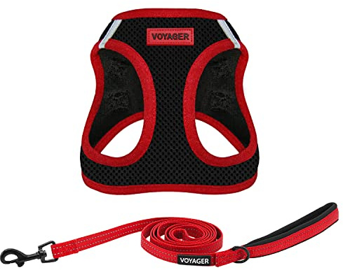 Best Pet Supplies Voyager Step-In Air Allwetter-Netzgeschirr und reflektierender Hundegeschirr, 1,5 m, mit Neoprengriff, für kleine, mittelgroße und große Hunderassen, Rot