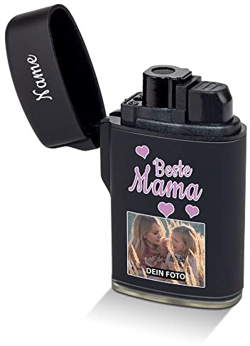 PR Print Royal Feuerzeug selbst gestalten - mit Name & Bild Bedrucken - Beste Mama - Sturmfeuerzeug, Flüssiggas nachfüllbar I Foto-Geschenk Personalisiert - Schwarz gummiert