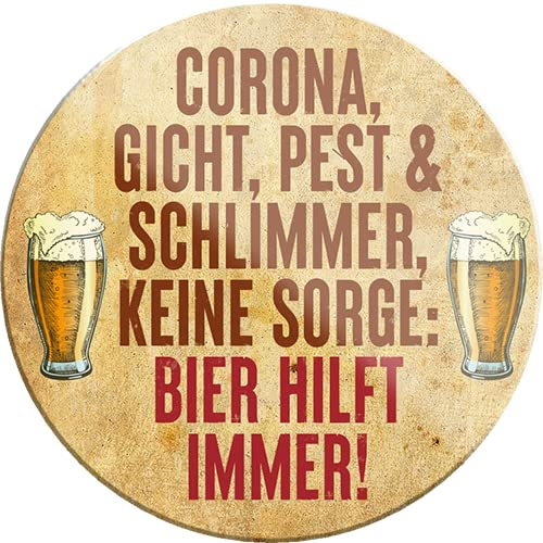 Magnet ''Corona, Gicht, Pest.. Bier hilft Immer'' 8x8cm Kühlschrankmagnet Lustige Sprüche Feier Vintage Retro Geburtstag Deko Party Überraschung Fan Alkohol Kasten Bier Saufen Getränk