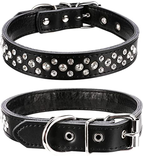 Haoyueer Hundehalsband mit Strasssteinen, verstellbar, glitzernde Kristallnieten, echtes Leder, Haustier-Hundehalsband für kleine und mittelgroße Hunde (L, Schwarz)