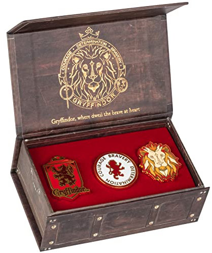 HARRY POTTER Gryffondor Lot de 3 épingles émaillées, boîte de rangement pour bûche Poudlard, accessoire en métal, bouton sous licence officielle, cadeau pour enfants, adolescents, garçons, filles,