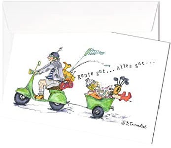 Grußkarte | Rente gut… Alles gut... | Paar auf Roller | Postkarte Klappkarte Karte mit Briefumschlag | Künstlerin: Barbara Freundlieb