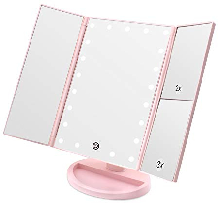 WEILY Schminkspiegel mit Beleuchtung, Faltbare Kosmetikspiegel mit 1X/2X/3X Vergrößerung, Schminkspiegel mit Touch Beleuchtung, Tischspiegel Unterstützung USB und Batterie (Rosa)