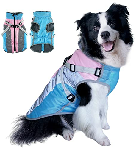 EASTLION Hundemantel Warme Jacke, reflektierende Haustier Mantel wasserdichte Schneeanzug Outdoor Mantel mit abnehmbarem Geschirr für mittlere große Hunde Rosa-Hellblau 2XL