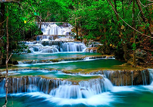 decomonkey Fototapete selbstklebend Wasserfall 196x140 cm Selbstklebende Tapeten Wand Fototapeten Tapete Wandtapete klebend Klebefolie Wald Flu?? Dschungel Thailand Asien Natur Blau Grün