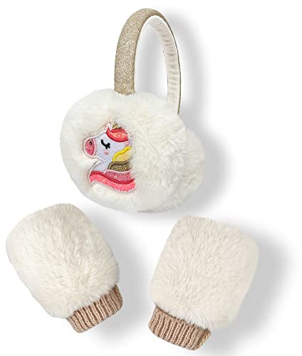 Gifts Treat Girls Rainbow Unicorn Earmuffs and Mittens Set Kids Winter Warm Ear Muffs and Gloves Set in Embroidery Design, Rainbow Unicorn, 3-6Y