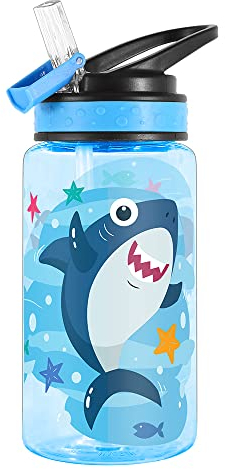 Home Tune Cute Water Bottle for Girls Boys, Unique Design, Leak Proof, Straw Lid, Easy Clean, BPA Free, 450ml - Shark